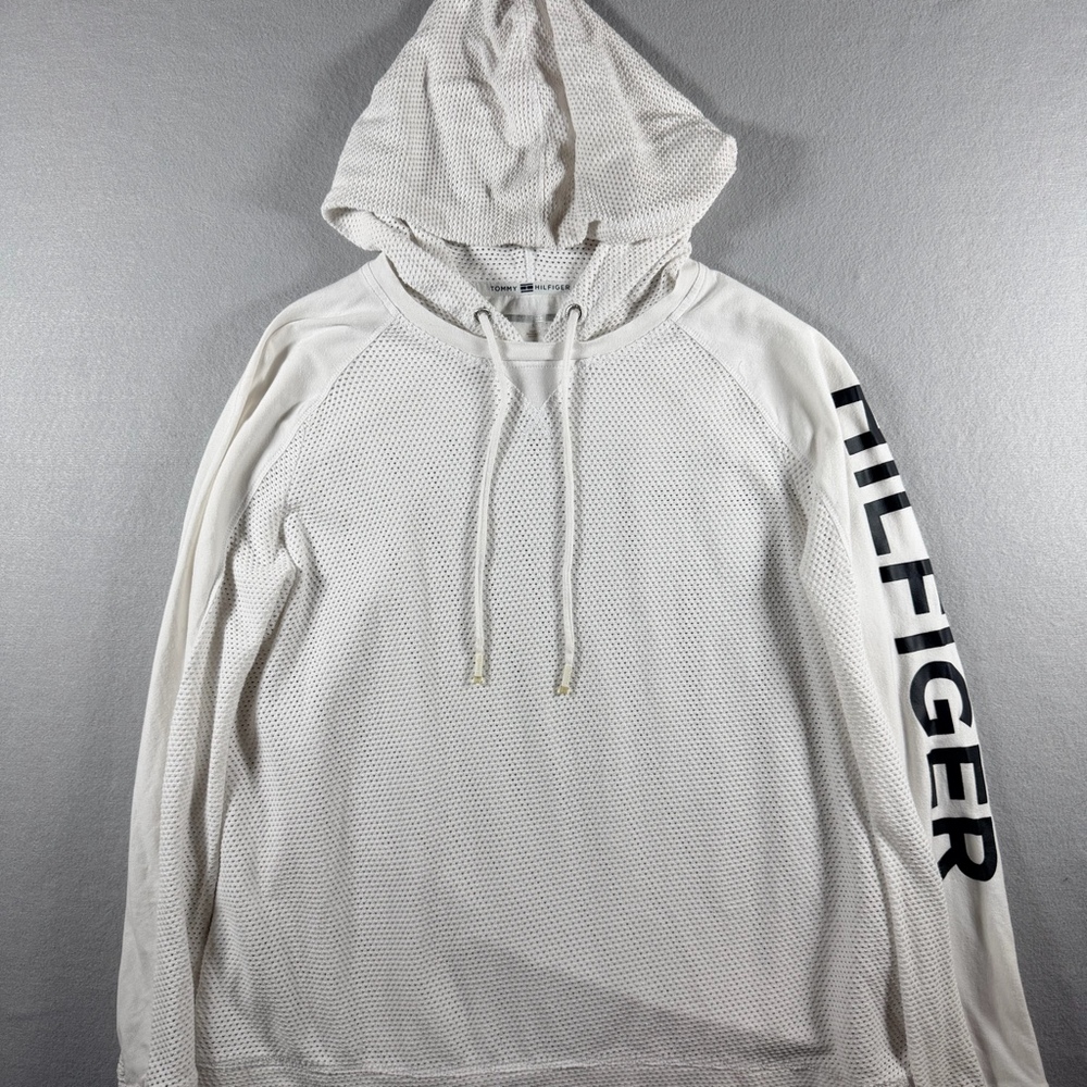 Tommy Hilfiger Sport Mens M White Mesh Pullover Hoodie Spellout Sleeve
